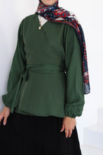 Load image into Gallery viewer, Serene Croisé Blouse in White/ Green Linen